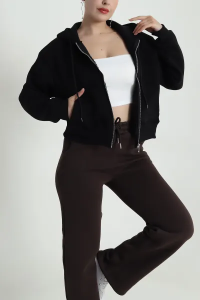 Siyah Şardonlu Üç İp Fermuarlı Kadın Sweat 483327
