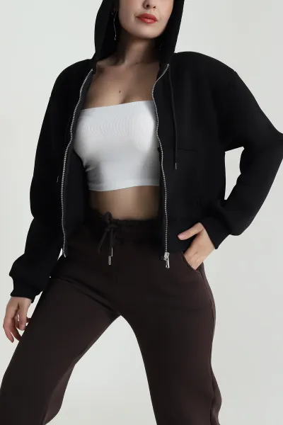 Siyah Şardonlu Üç İp Fermuarlı Kadın Sweat 483327