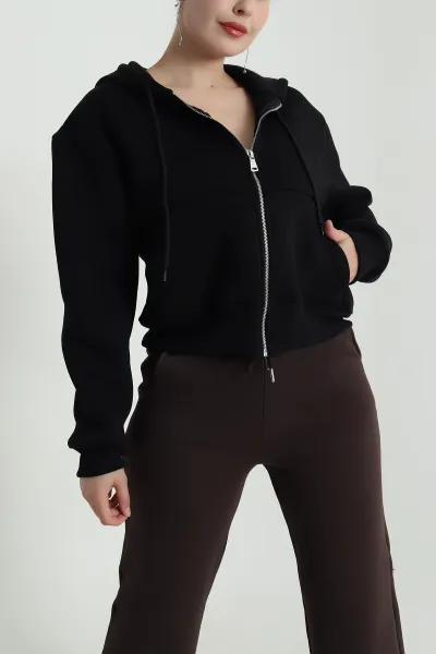 Siyah Şardonlu Üç İp Fermuarlı Kadın Sweat 483327