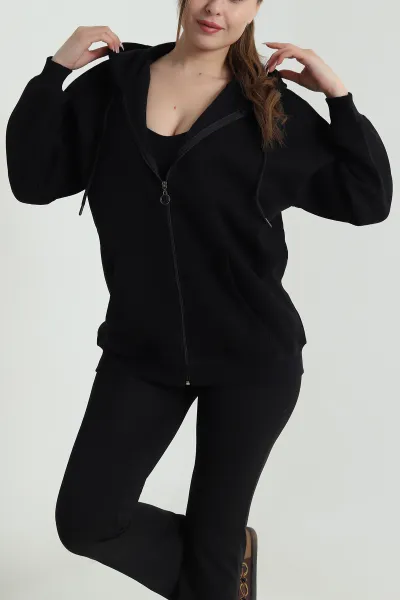 Siyah Şardonlu Üç İp Fermuarlı Kadın Sweat 484566