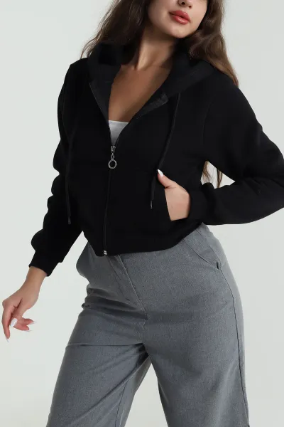 Siyah Şardonlu Üç İp Fermuarlı Kadın Sweat 485265
