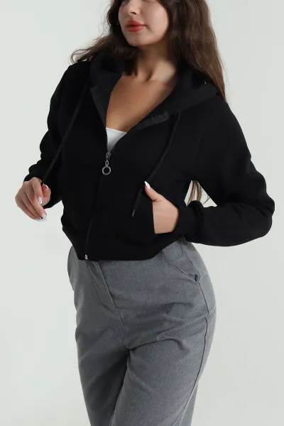 Siyah Şardonlu Üç İp Fermuarlı Kadın Sweat 485265