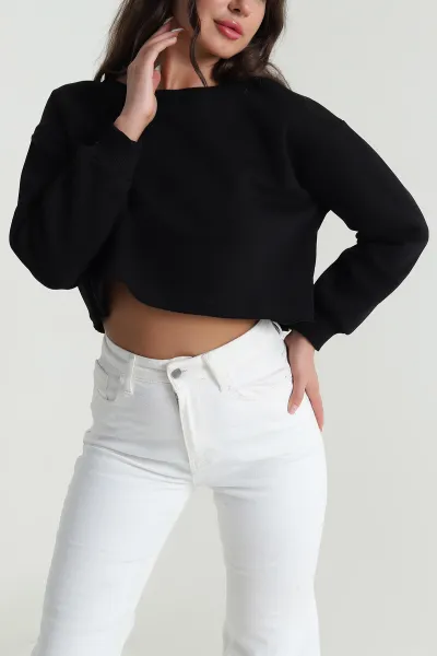 Siyah Şardonlu Üç İp Kadın Crop Sweat 484586