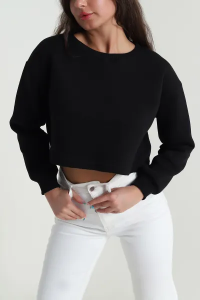 Siyah Şardonlu Üç İp Kadın Crop Sweat 484586