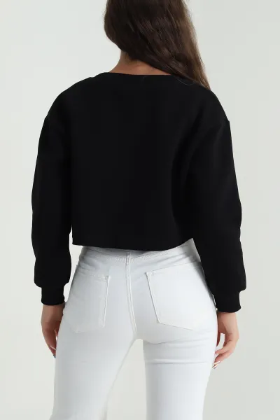 Siyah Şardonlu Üç İp Kadın Crop Sweat 484586