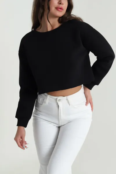 Siyah Şardonlu Üç İp Kadın Crop Sweat 484586