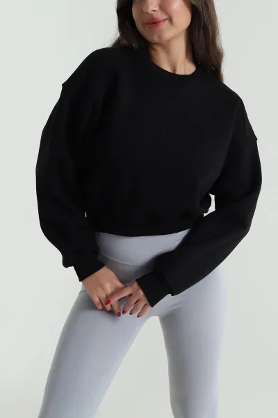 Siyah Şardonlu Üç İp Kadın Fermuarsız Sweat 489835