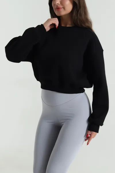 Siyah Şardonlu Üç İp Kadın Fermuarsız Sweat 489835