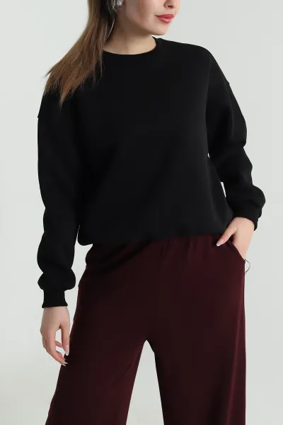 Siyah Şardonlu Üç İp Kadın Fermuarsız Sweat 489842