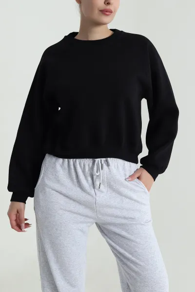 Siyah Şardonlu Üç İp Kadın Sweat 487105