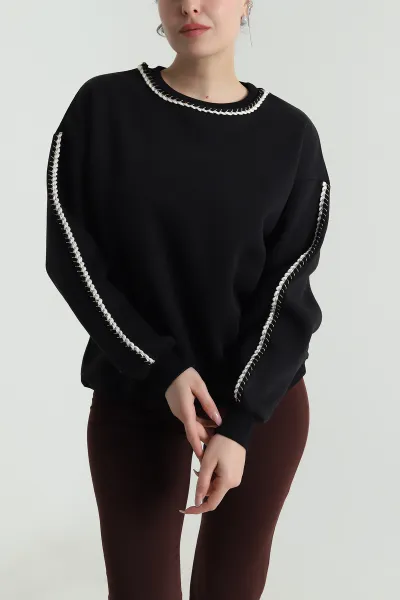 Siyah Şardonlu Üç İp Kadın Sweat 492095