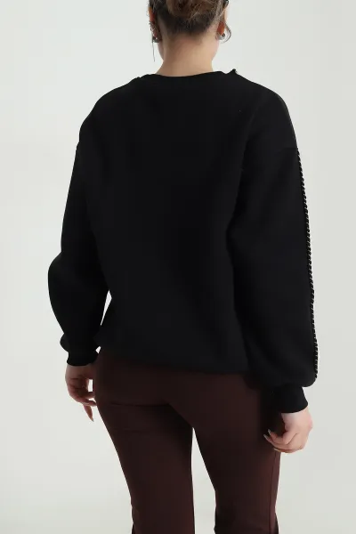 Siyah Şardonlu Üç İp Kadın Sweat 492095