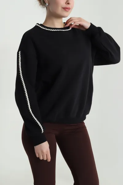 Siyah Şardonlu Üç İp Kadın Sweat 492095