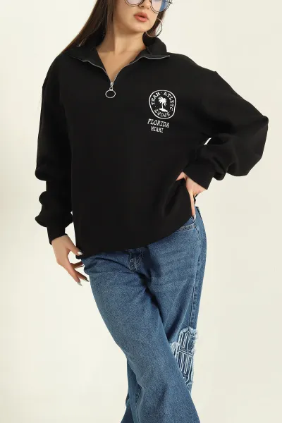 Siyah Şardonlu Yarım Fermuarlı Bayan Sweat 326423