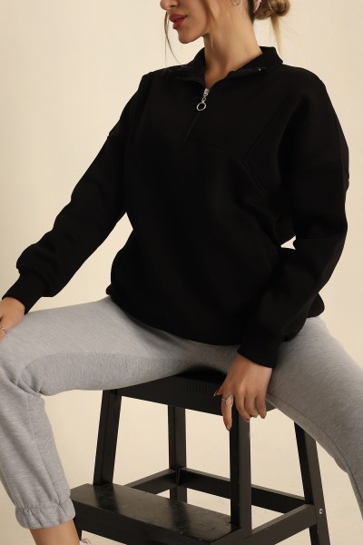 Siyah Şardonlu Yarım Fermuarlı Sweat 222623