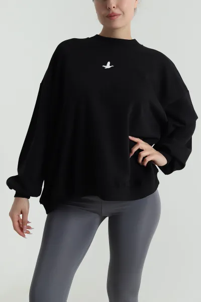 Siyah Şardonsuz Salaş Üç İp Kadın Sweat 487482