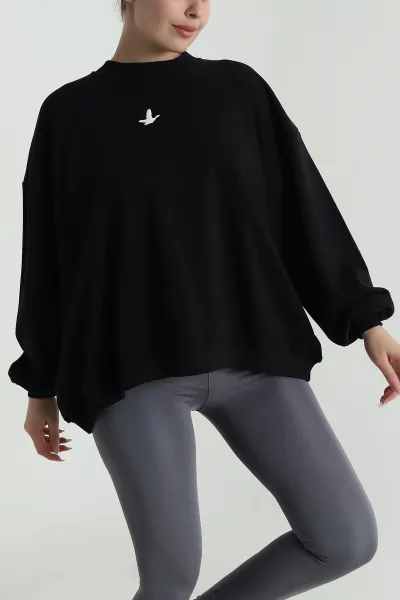 Siyah Şardonsuz Salaş Üç İp Kadın Sweat 487482