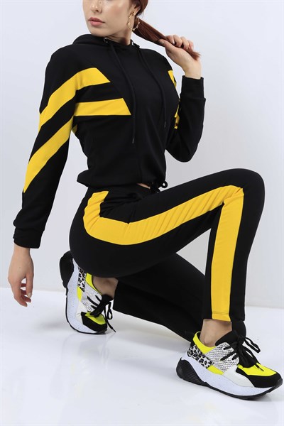 Siyah Sarı Şeritli Bayan Eşofman Takımı 21029B