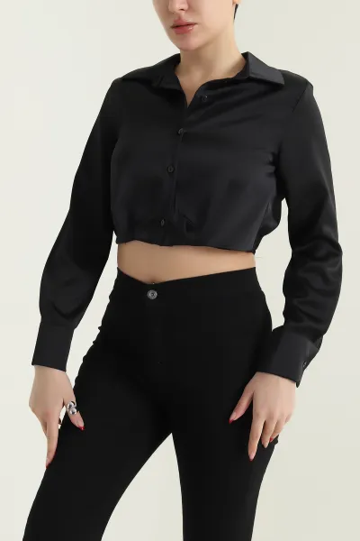 Siyah Saten Crop Kadın Gömlek 433423