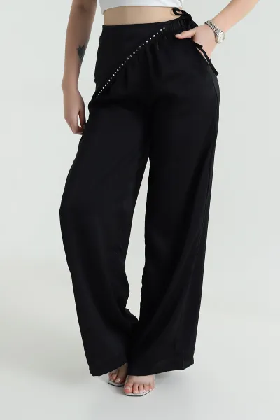 Siyah Saten Kumaş Beli Lastikli Pantolon 466157