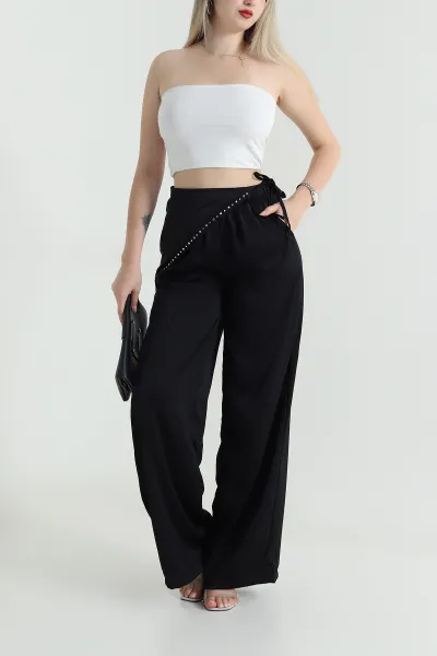 Siyah Saten Kumaş Beli Lastikli Pantolon 466157