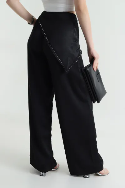 Siyah Saten Kumaş Beli Lastikli Pantolon 466157