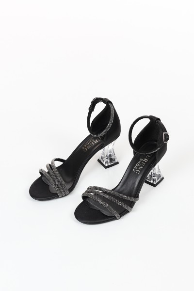 Siyah Saten Taş Bantlı Topuklu Sandalet 121112