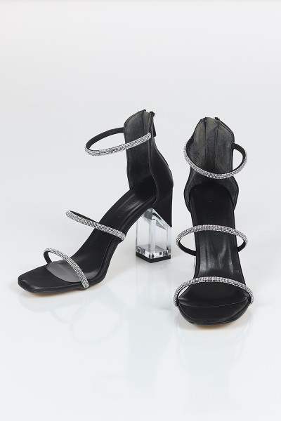 Siyah Saten Taş Tasarım Bantlı Arkası Fermuarlı Topuklu Sandalet 104551