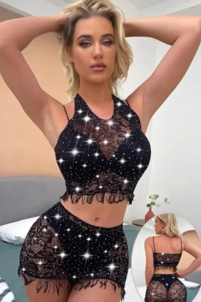 Siyah Seksi Taş Tasarımlı Kadın Vücut Çorabı 461760
