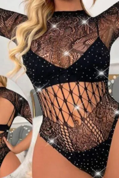 Siyah Seksi Taş Tasarımlı Kadın Vücut Çorabı 461761