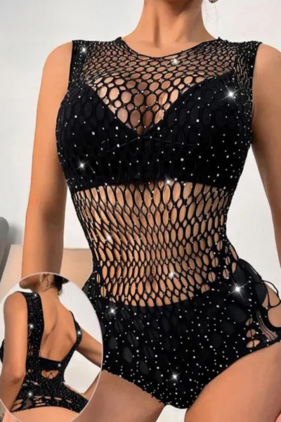 Siyah Seksi Taş Tasarımlı Kadın Vücut Çorabı 461762