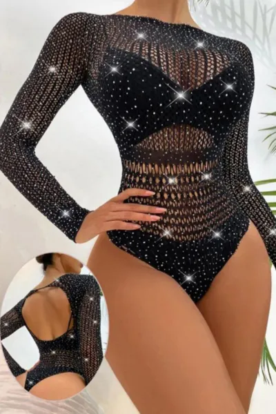 Siyah Seksi Taş Tasarımlı Kadın Vücut Çorabı 461780