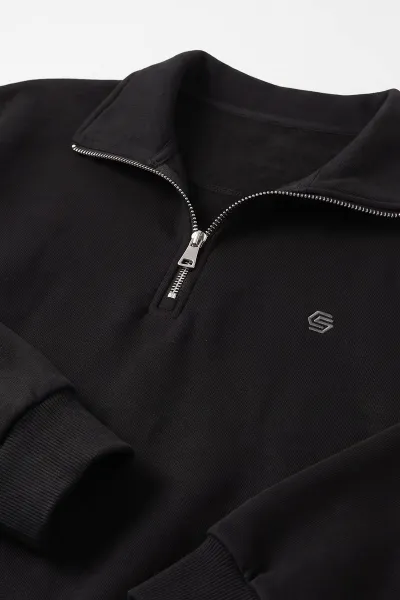 Siyah Selanik Yarım Fermuarlı Polo Yaka Erkek Sweatshirt 494484