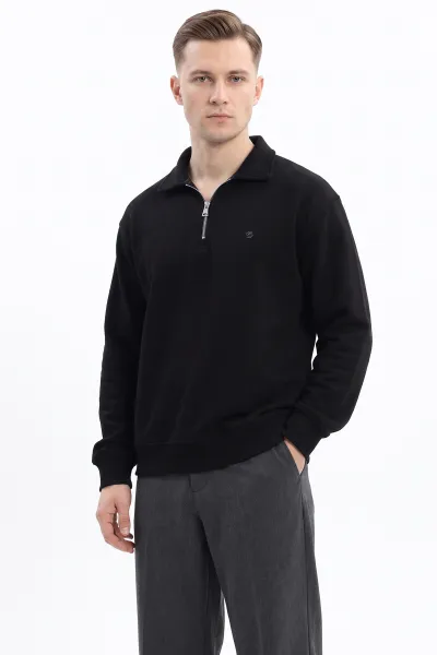 Siyah Selanik Yarım Fermuarlı Polo Yaka Erkek Sweatshirt 494484