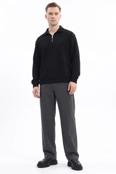 Siyah Selanik Yarım Fermuarlı Polo Yaka Erkek Sweatshirt 494484
