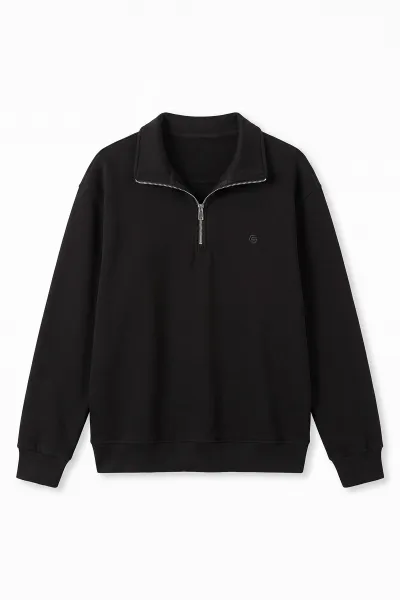 Siyah Selanik Yarım Fermuarlı Polo Yaka Erkek Sweatshirt 494484