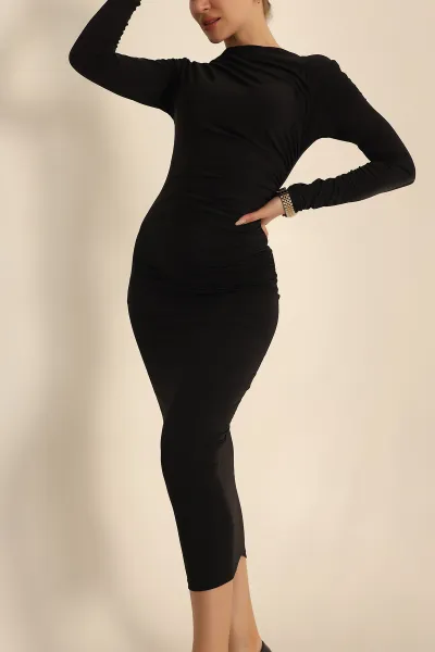 Siyah Sendy Kumaş Büzgülü Elbise 227350