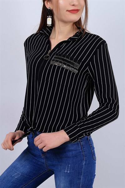 Siyah Şeritli Bayan Fermuarlı Gömlek 12919B