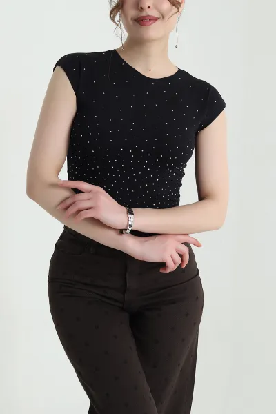 Siyah Serpme Taşlı Süprem Kadın Bluz 453343