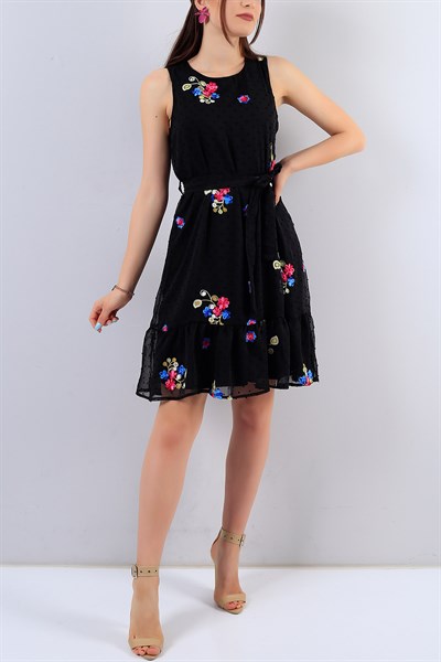 Siyah Şifon Çiçek Desen Bayan Elbise 16175B