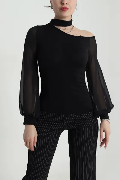Siyah Şifon Kol Sandy Kadın Bluz 491341
