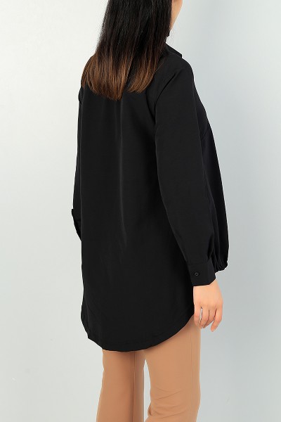 Siyah Sıkmalı Tasarım Poplin Tunik 70941