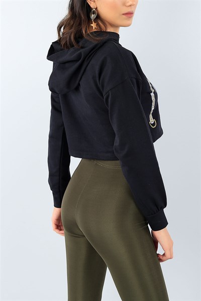 Siyah Sim Baskılı Crop Sweat 38969