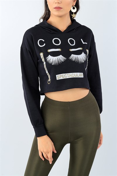 Siyah Sim Baskılı Crop Sweat 38969