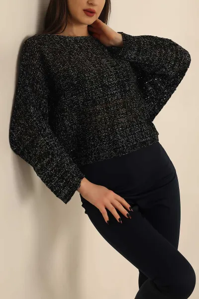 Siyah Simli Bayan Triko Bluz 241496