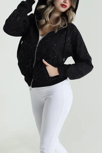 Siyah Sİmli İki İp Kadın Fermuarlı Sweat 488569
