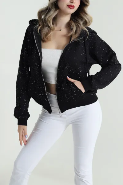 Siyah Sİmli İki İp Kadın Fermuarlı Sweat 488569