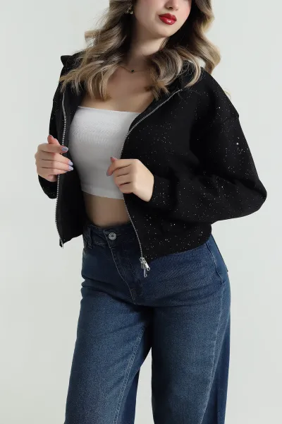 Siyah Simli Kadın Fermuarlı Sweat 495072