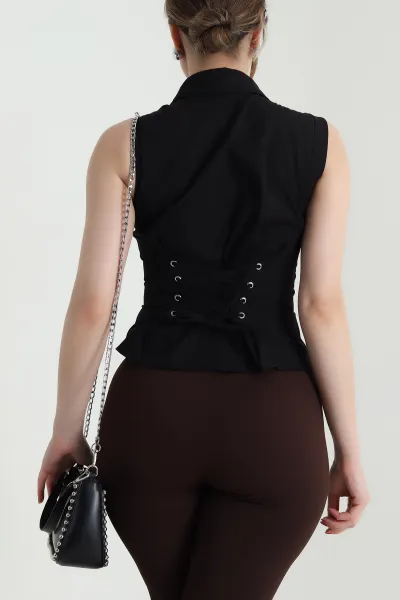 Siyah Sırt Bağcıklı Poplin Kadın Gömlek 467752