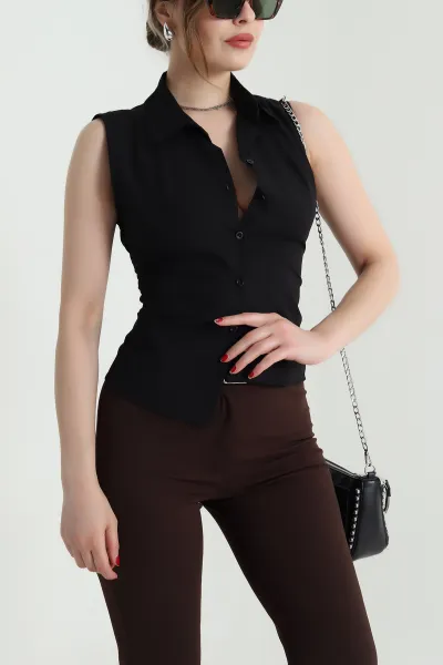Siyah Sırt Bağcıklı Poplin Kadın Gömlek 467752